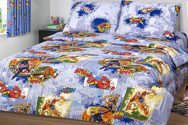 Светло-синяя детская бязь Супергерой с мультяшными героями